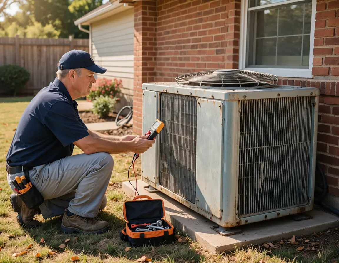 HVAC technician inspecting an aging outdoor AC unit at a East Texas home