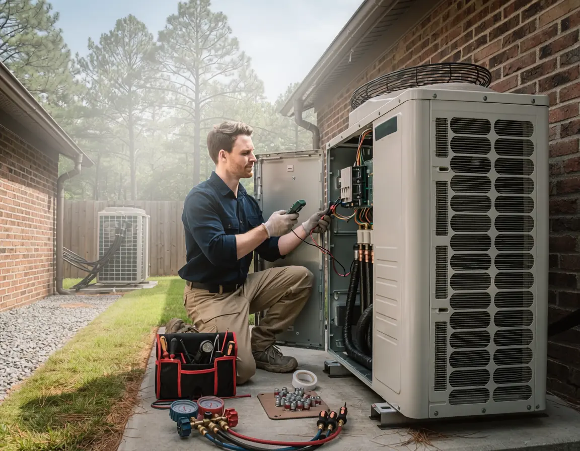 Technician inspecting a commercial HVAC outdoor unit at an East Texas business