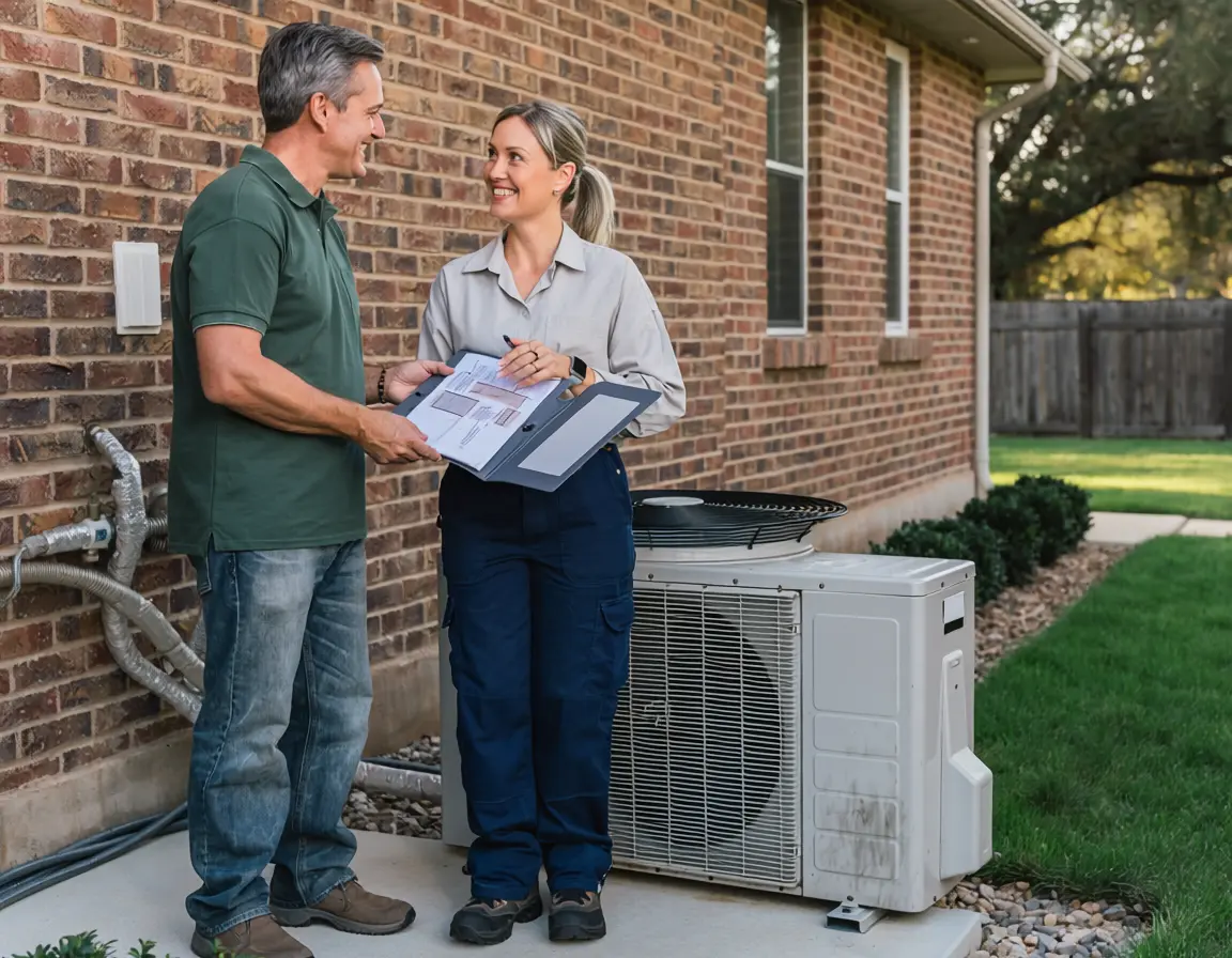 HVAC technician explaining replacement options to a East Texas homeowner