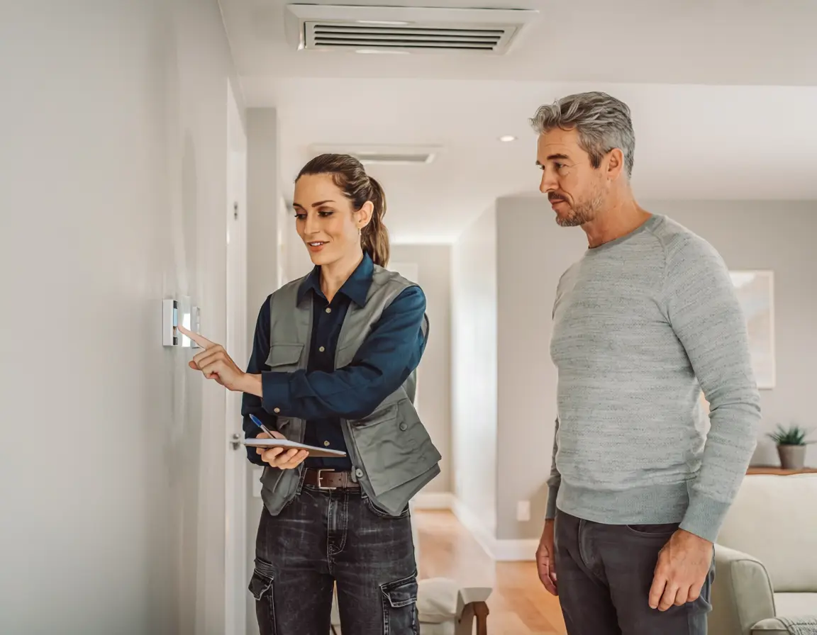 HVAC technician reviewing a thermostat with a homeowner