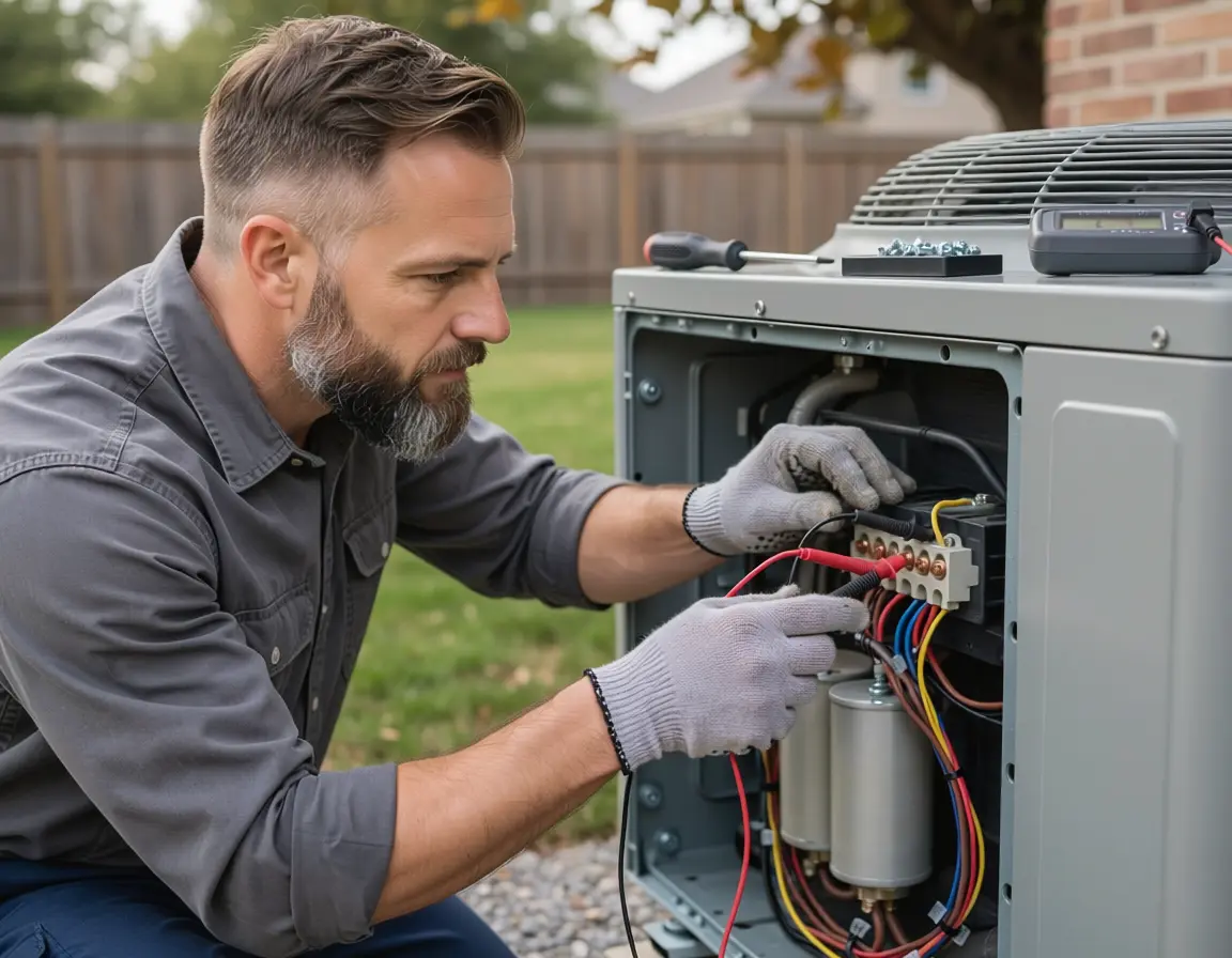 Technician inspecting HVAC electrical components on an outdoor condenser