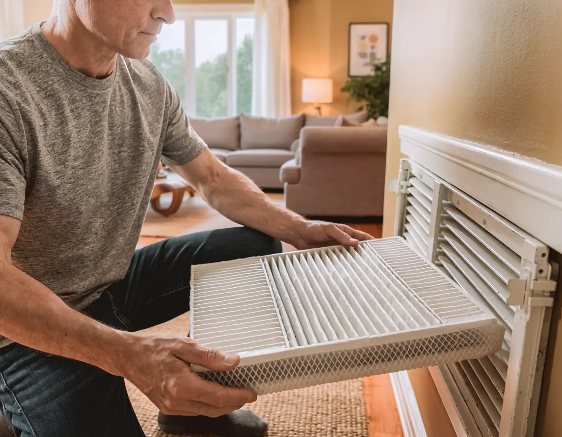 East Texas homeowner replacing a clean HVAC air filter