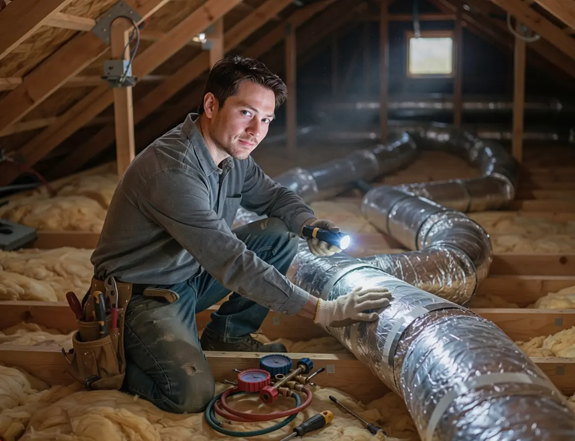 HVAC technician inspecting attic ductwork in a East Texas home