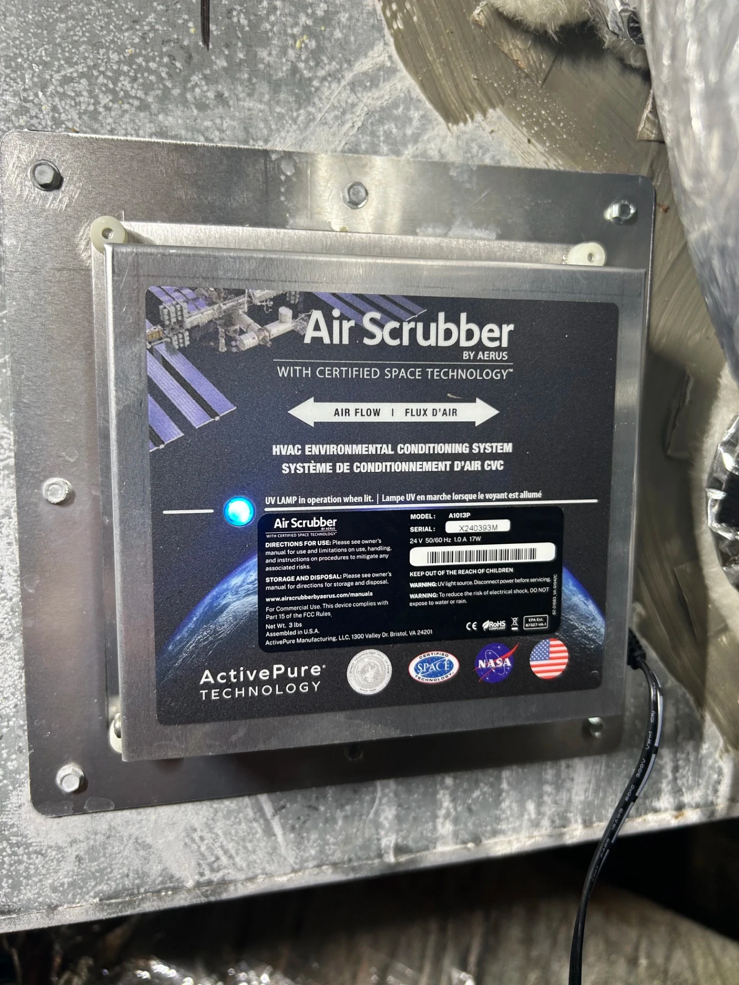 Air Scrubber by Aerus indoor air quality system installed on HVAC ductwork