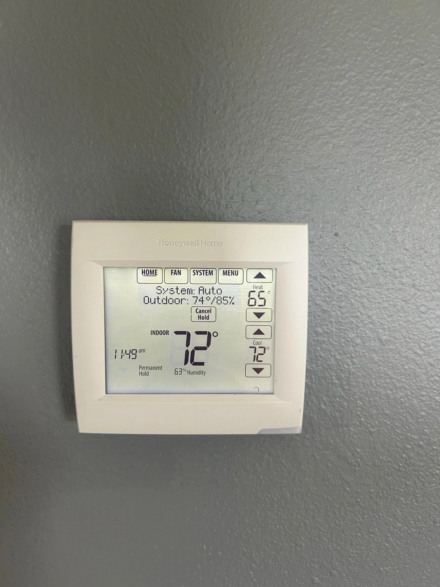 Honeywell Home smart thermostat installed and set to 72 degrees