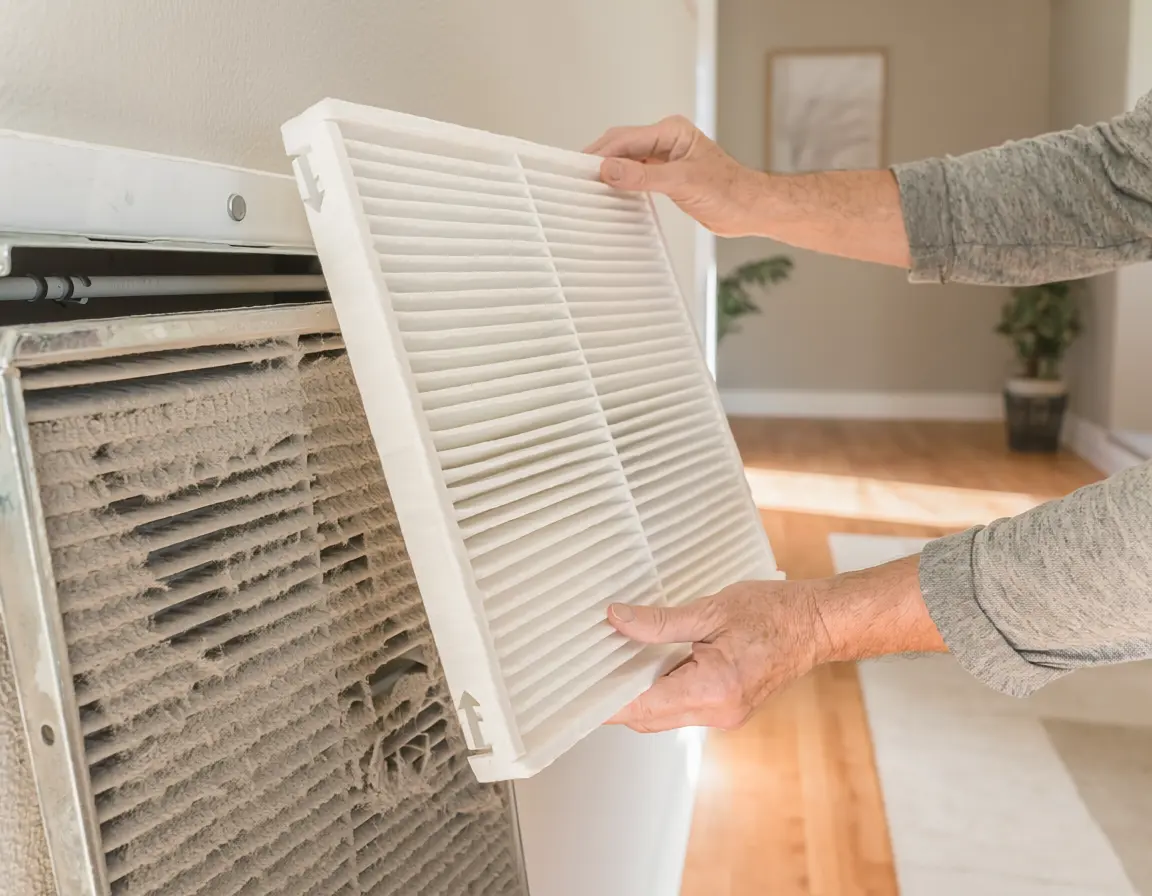 Homeowner replacing a dirty HVAC air filter with a clean pleated filter