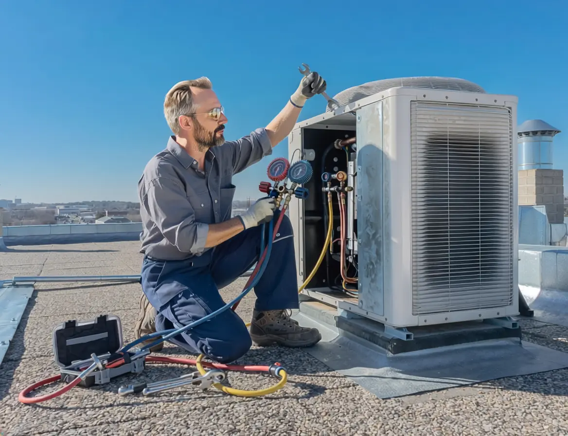 Commercial HVAC technician performing rooftop maintenance