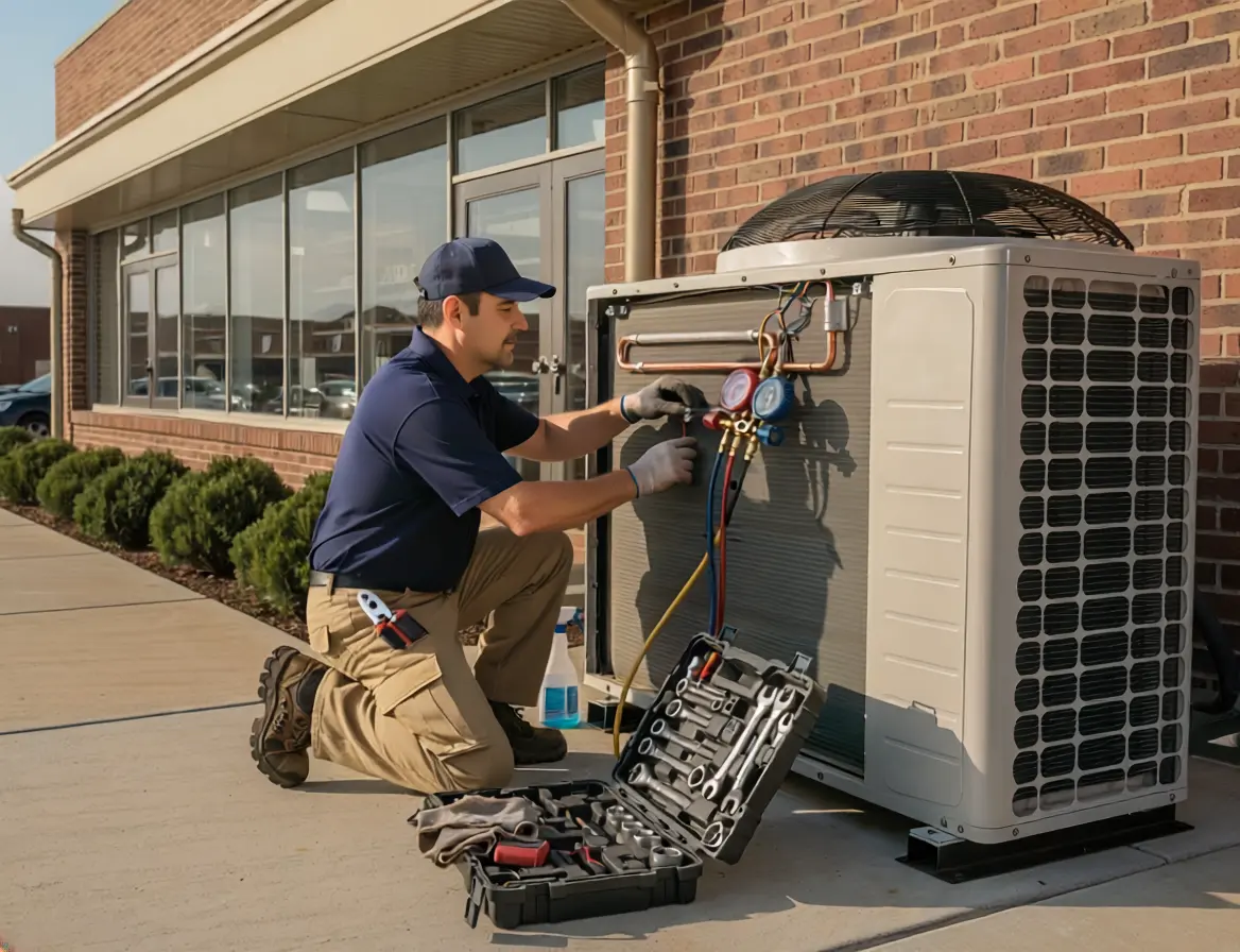 HVAC technician servicing a commercial AC unit outside a business